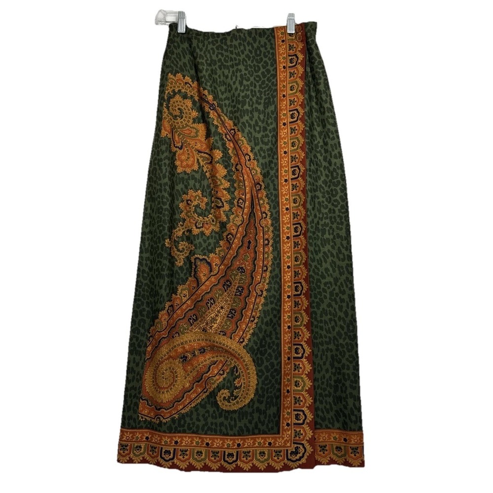Carlisle Stunning Long Silk Skirt Womans Sz 4 Aztec Print Green‎ Brown Prints